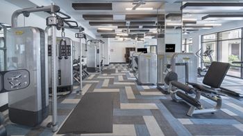 A large fitness room with cardio machines and weights